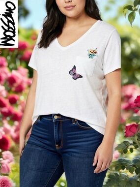 Linen blend White V-Neck Pocket Tee with Butterfly & Floral Embroidery